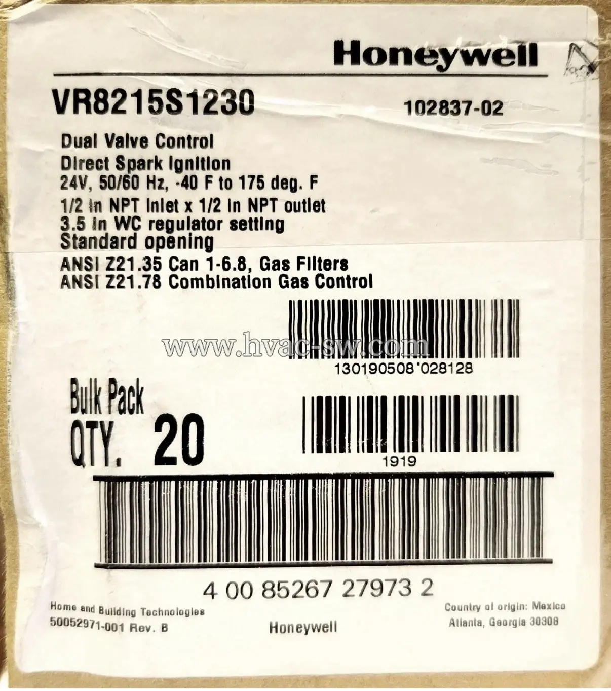 Honeywell VR8215S1230 Goodman OEM 102837-02 gas control valve -picture-main