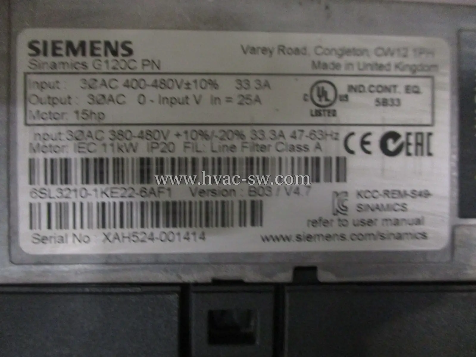 Original Siemens 6SL3210-1KE22-6AF1 frequency converter nameplate