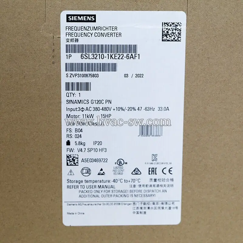 Siemens 6SL3210-1KE22-6AF1 SINAMICS G120C PN 11kW VFD label