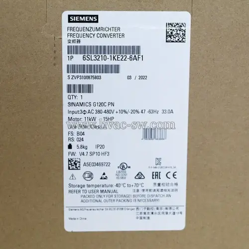 Siemens 6SL3210-1KE22-6AF1 SINAMICS G120C PN 11kW VFD label