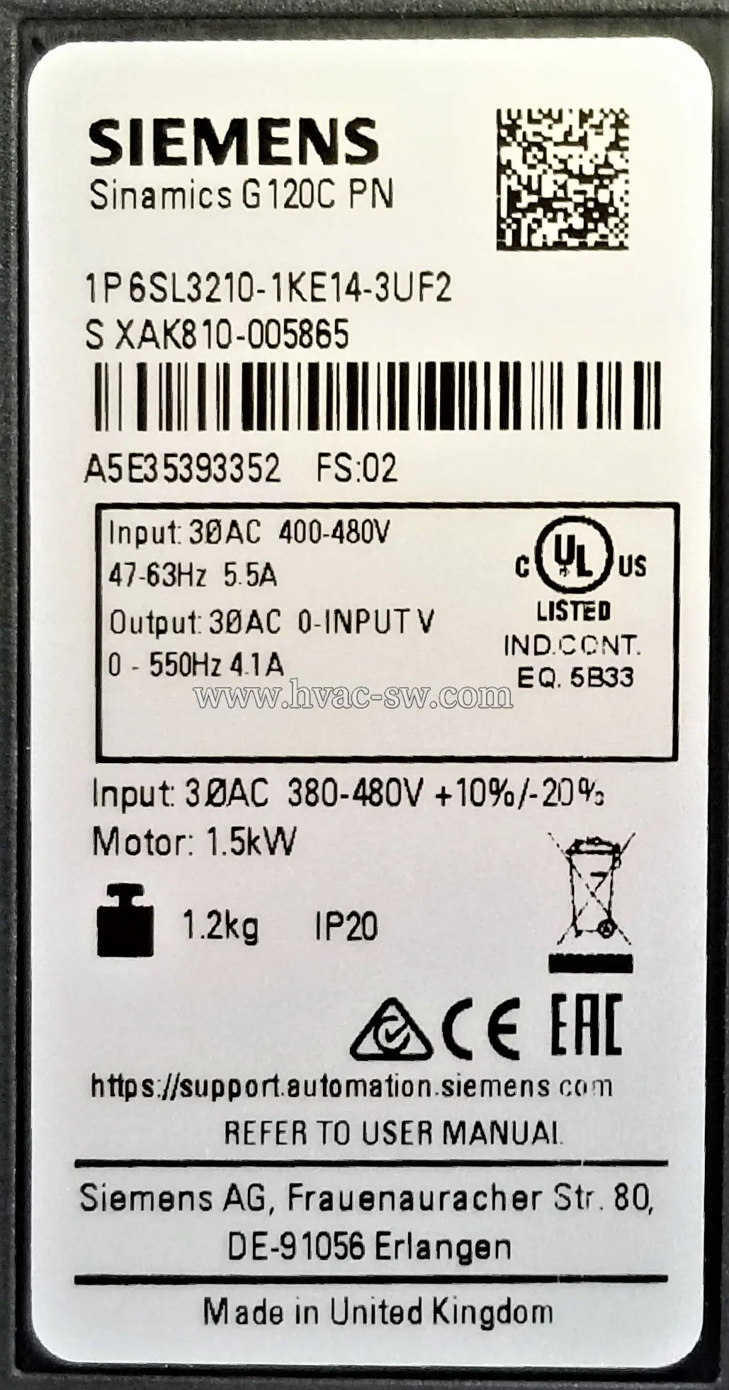 Siemens 6SL3210-1KE14-3UF2 G120C VFD nameplate