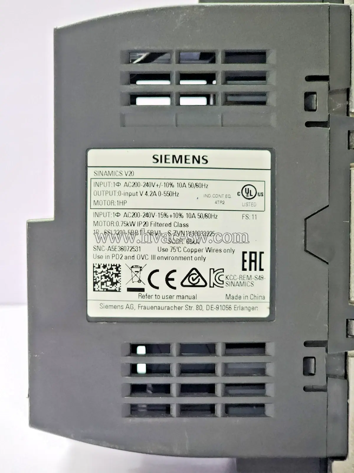 Siemens V20 0.75kW 230V VFD 6SL3210-5BB17-5BV1