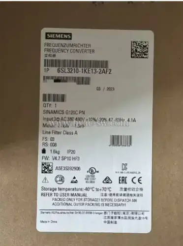 Siemens 6SL3210-1KE13-2AF2 SINAMICS G120C PN 1.1kW VFD label