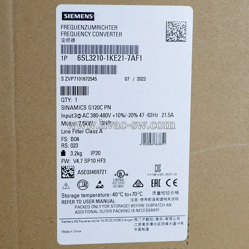 Siemens 6SL3210-1KE21-7AF1 SINAMICS G120C PN 7.5kW VFD label