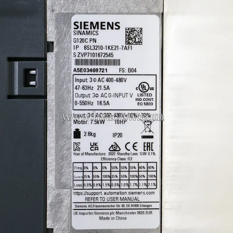 Original Siemens 6SL3210-1KE21-7AF1 frequency converter nameplate