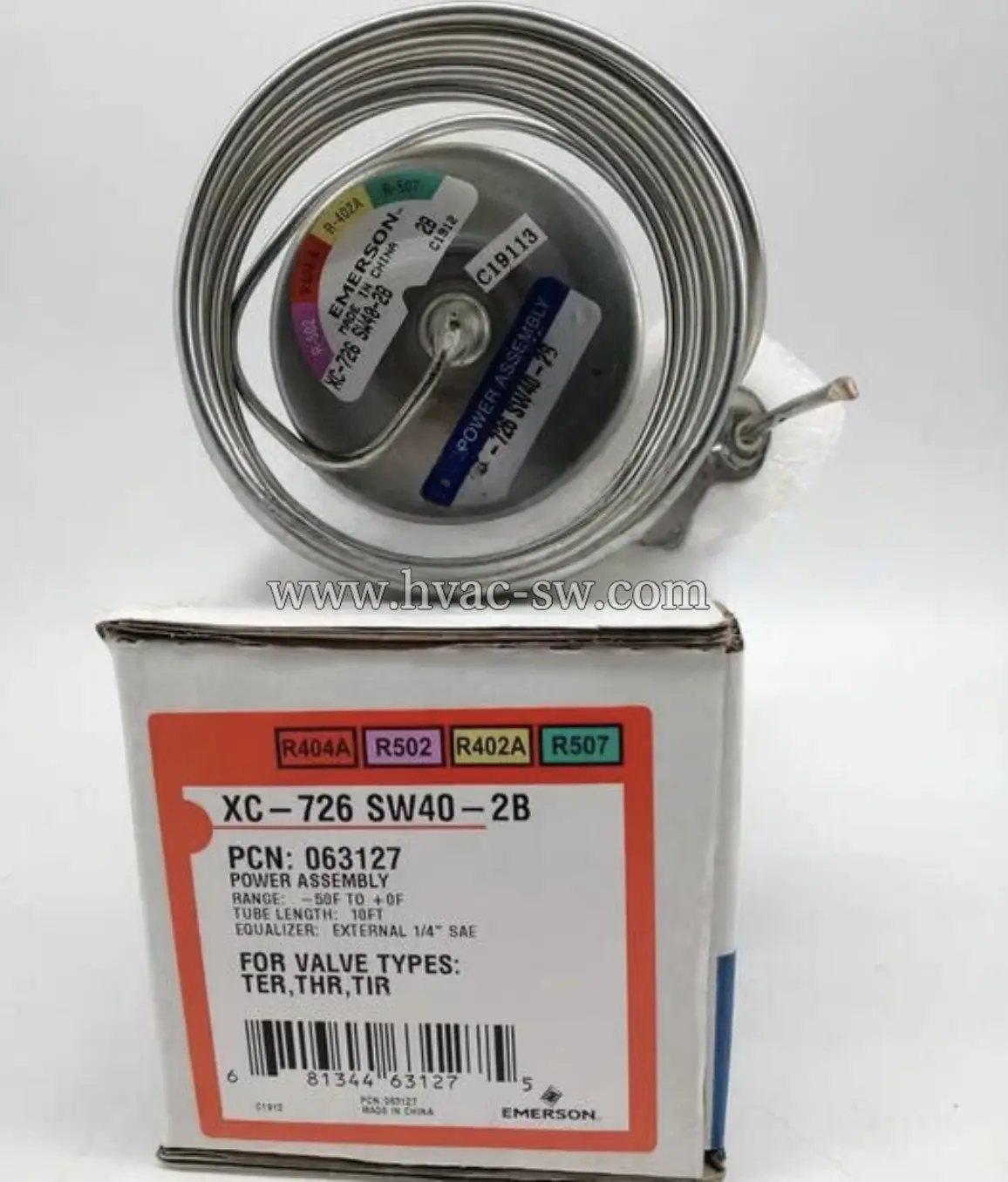 Emerson XC-726 SW40-2B thermal expansion valve with power assembly and packaging box showing refrigerant compatibility labels
