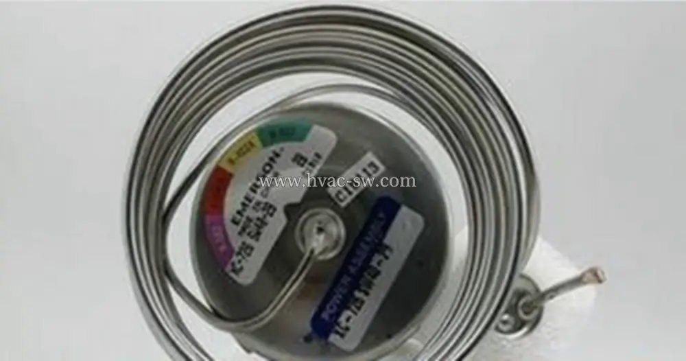 Emerson thermal expansion valve showing detailed sensing bulb with Emerson branding and model identification