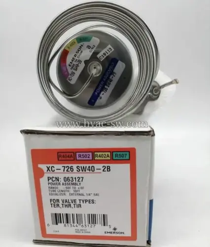 Emerson XC-726 SW40-2B thermal expansion valve with power assembly and packaging box showing refrigerant compatibility labels